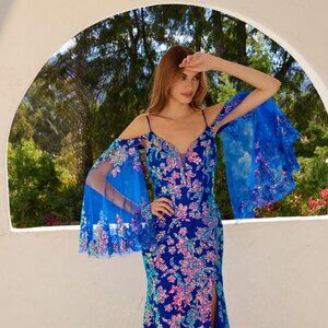 New Maxi Sequins Embellished Stunning Dress w/ Sheer Off Shoulder Shawl JT2564U